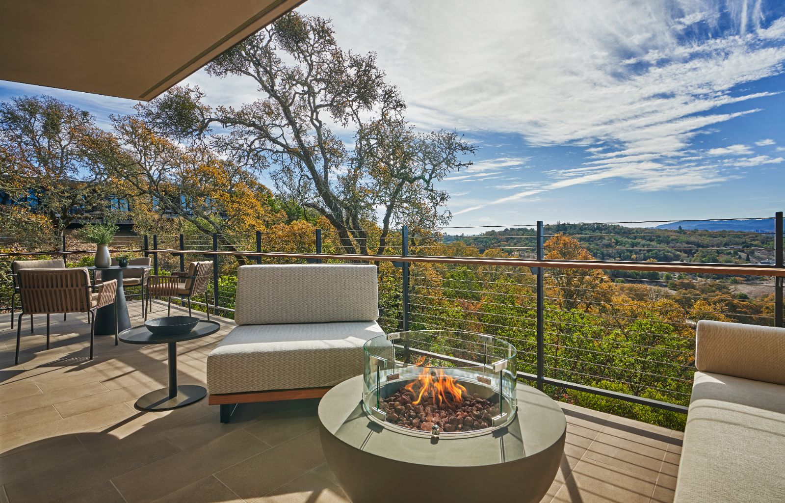 Terrace fire pit with forest views at Montage Healdsburg in Sonoma, California