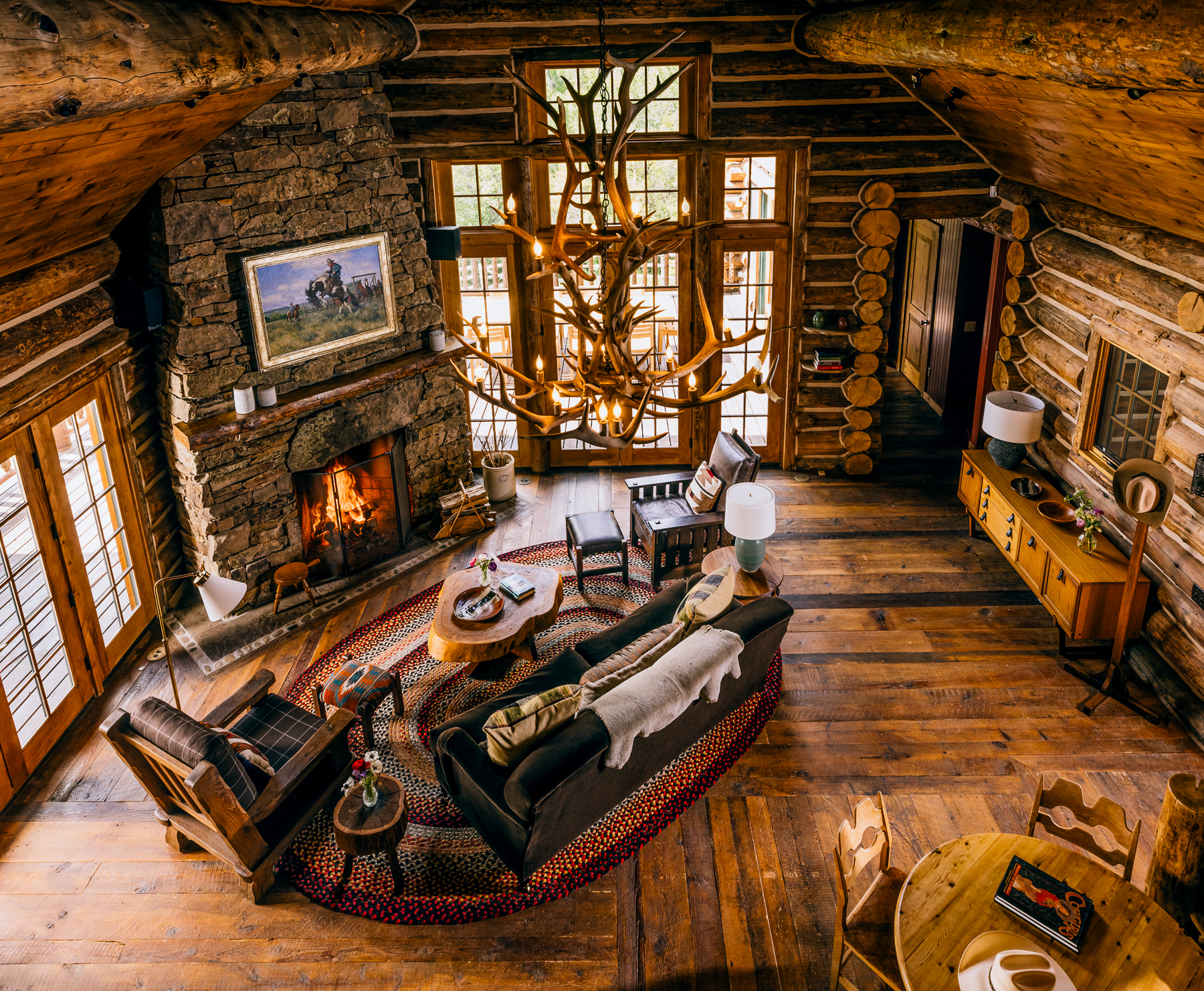 Lounge and fireplace at Smith Fork Ranch in Colorado