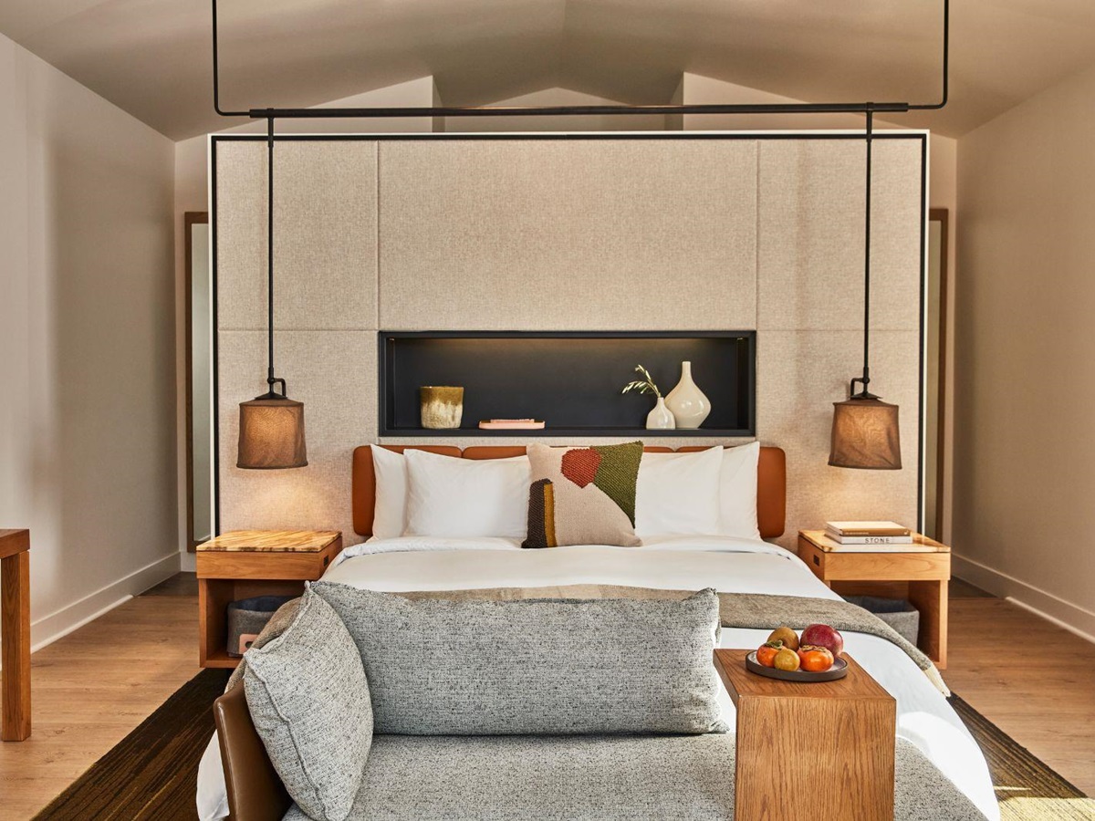 Guest suite bed at Solage Resort and Spa in Calistoga, California, USA