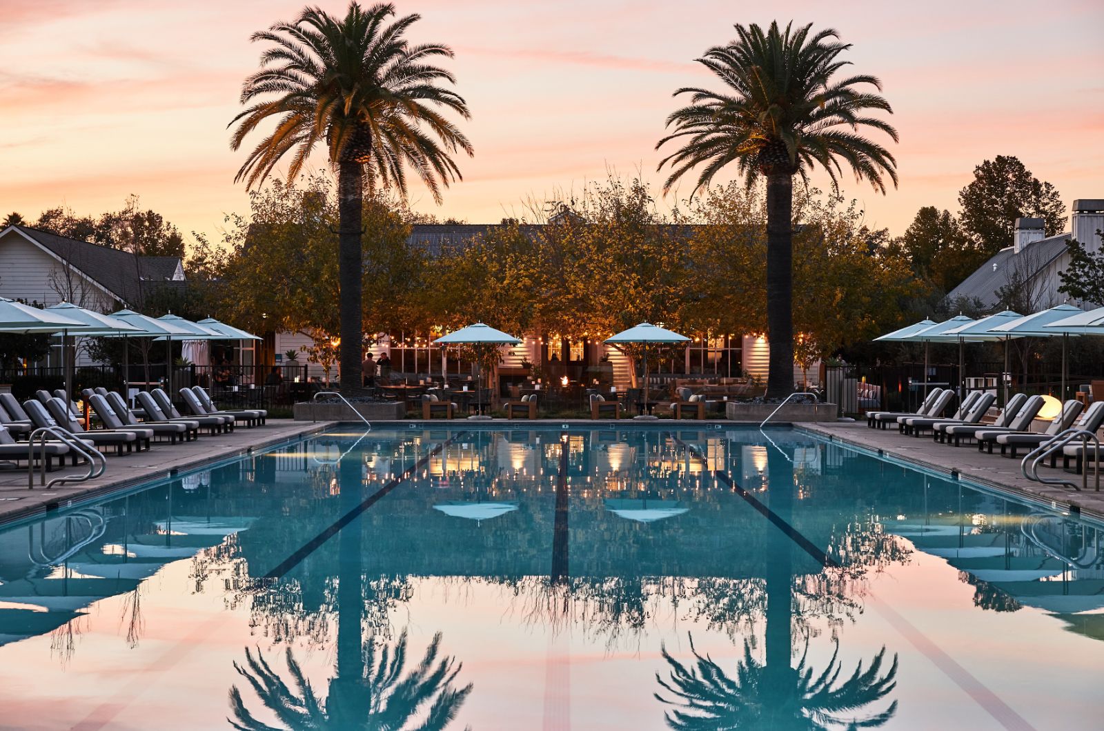 Sunset poolside at Solage Resort and Spa in Calistoga, California, USA