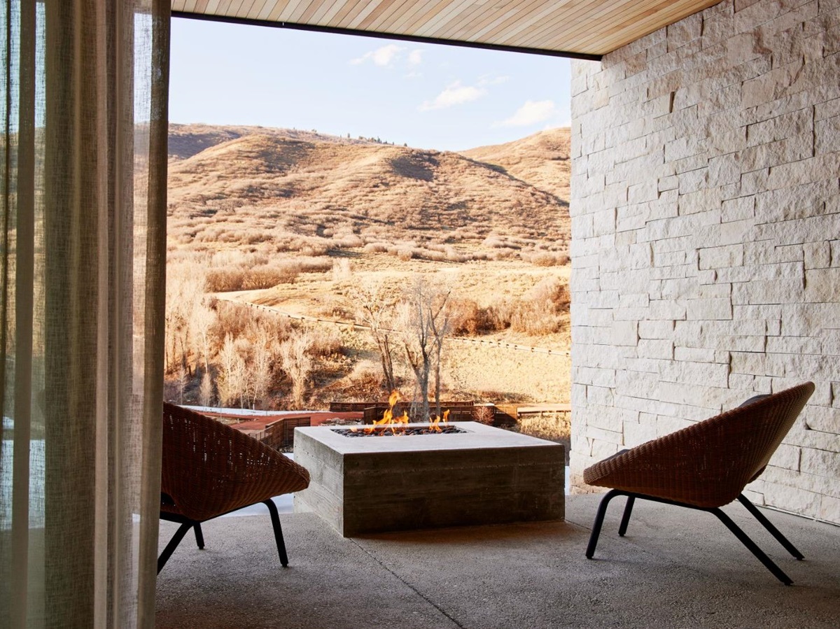 Outdoor terrace with a firepit in the Earth Suite at luxury lodge The Lodge at Blue Sky