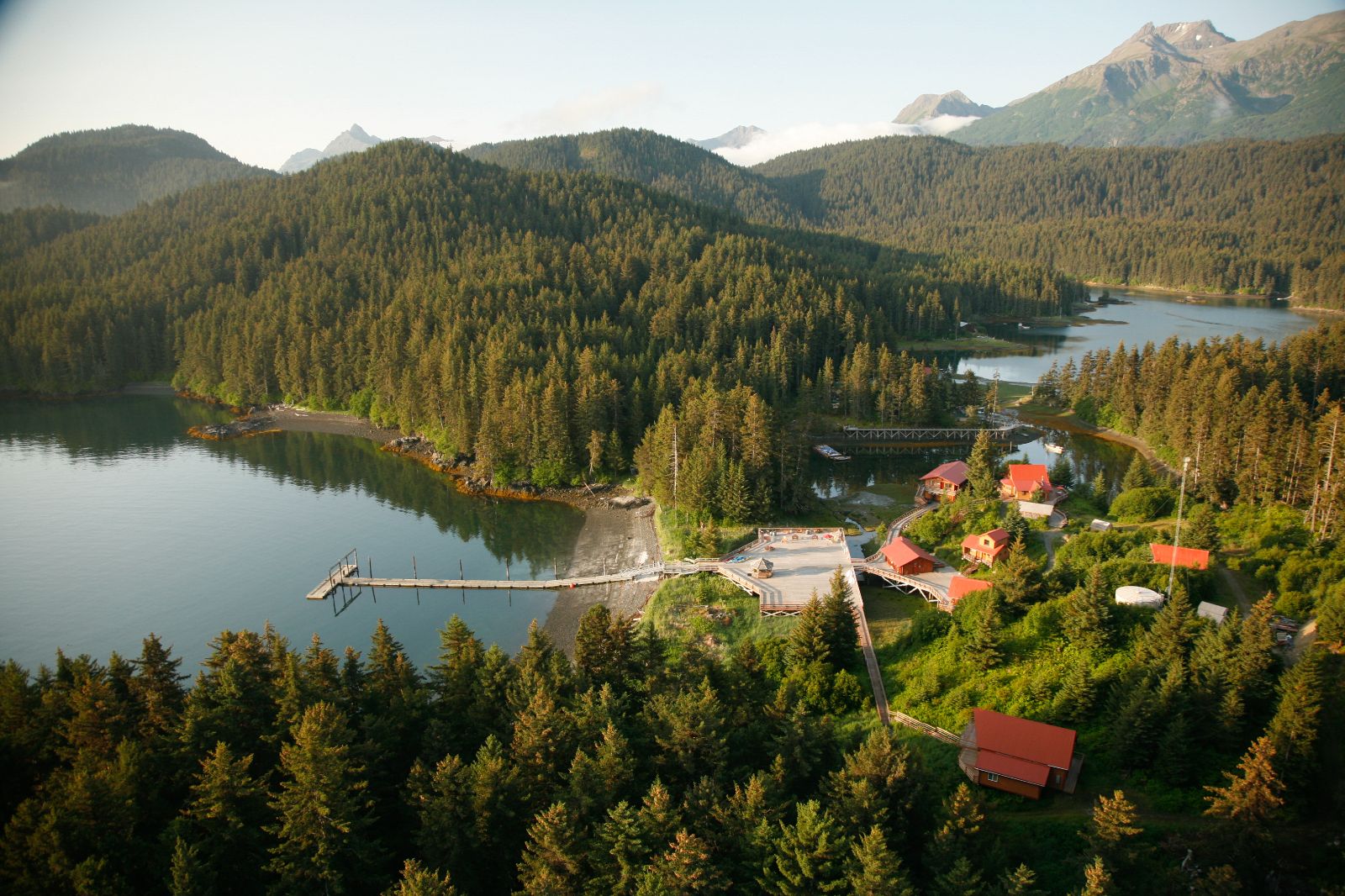 Aerial view of Tutka Bay Lodge in Alaska, USA