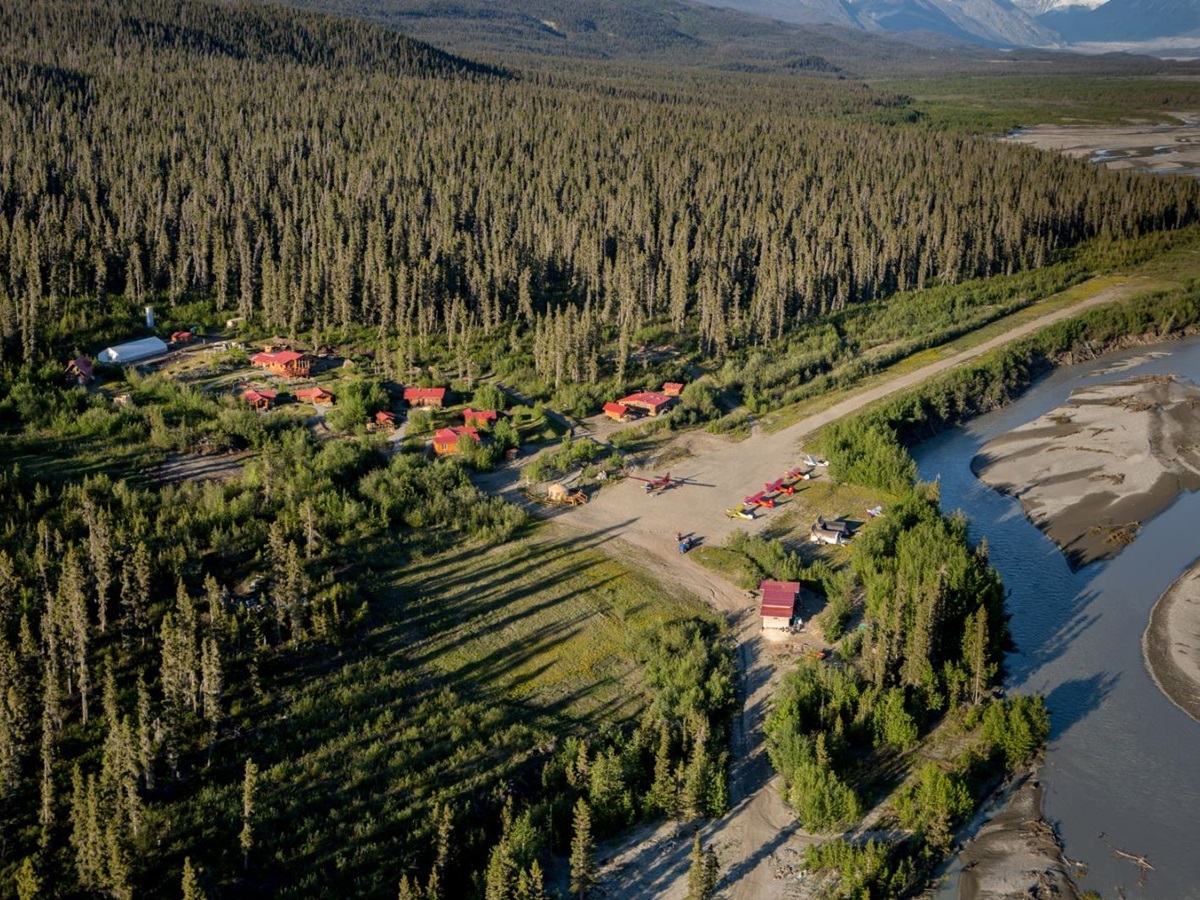 Aerial view of Ultima Thule Lodge in Alaska's Wrangell-St. Elias National Park