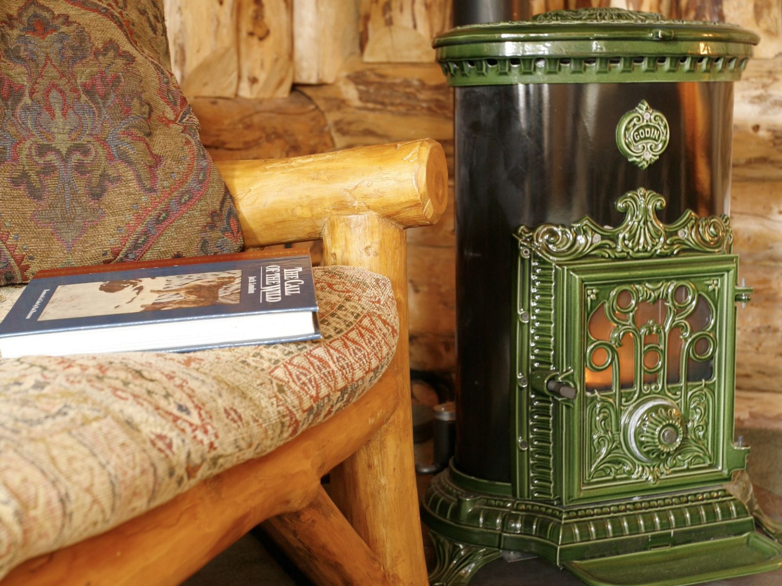 Fire place in a guest cabin at Winterlake Lodge in Alaska, USA