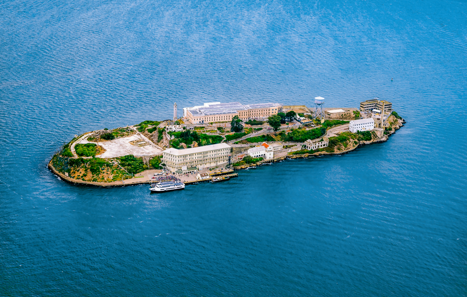 An aerial view of Alcatraz prison off the coast of San Francisco