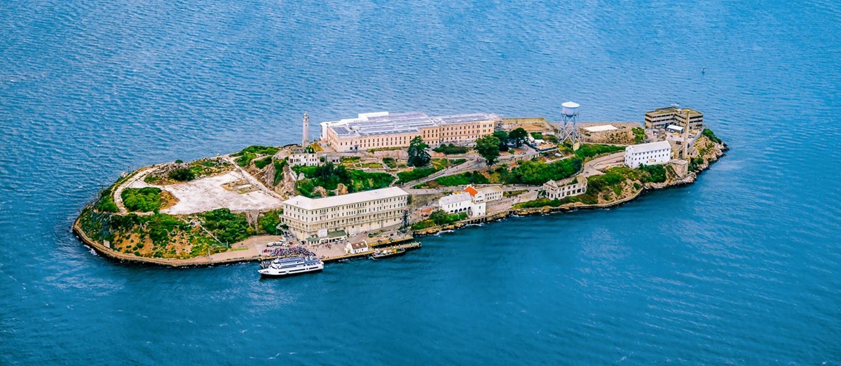 An aerial view of Alcatraz prison off the coast of San Francisco