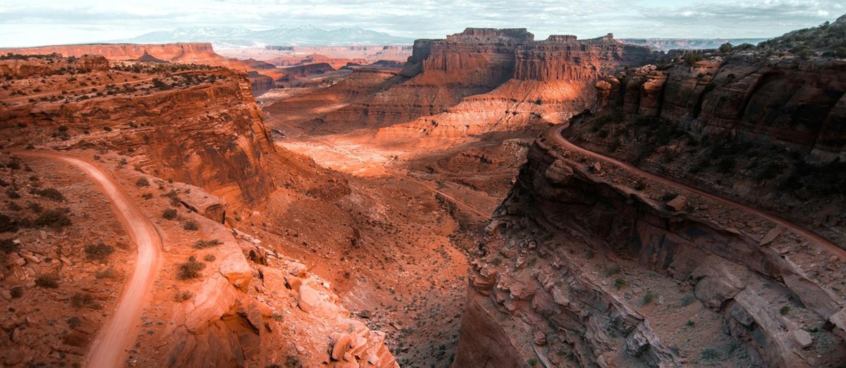 Aerial view of red cliffs and a valley in Canyonlands National Park, Moab, USA