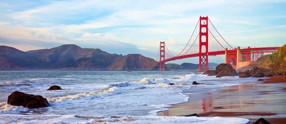 Golden Gate Bridge viewed from the beach in San Francisco, California