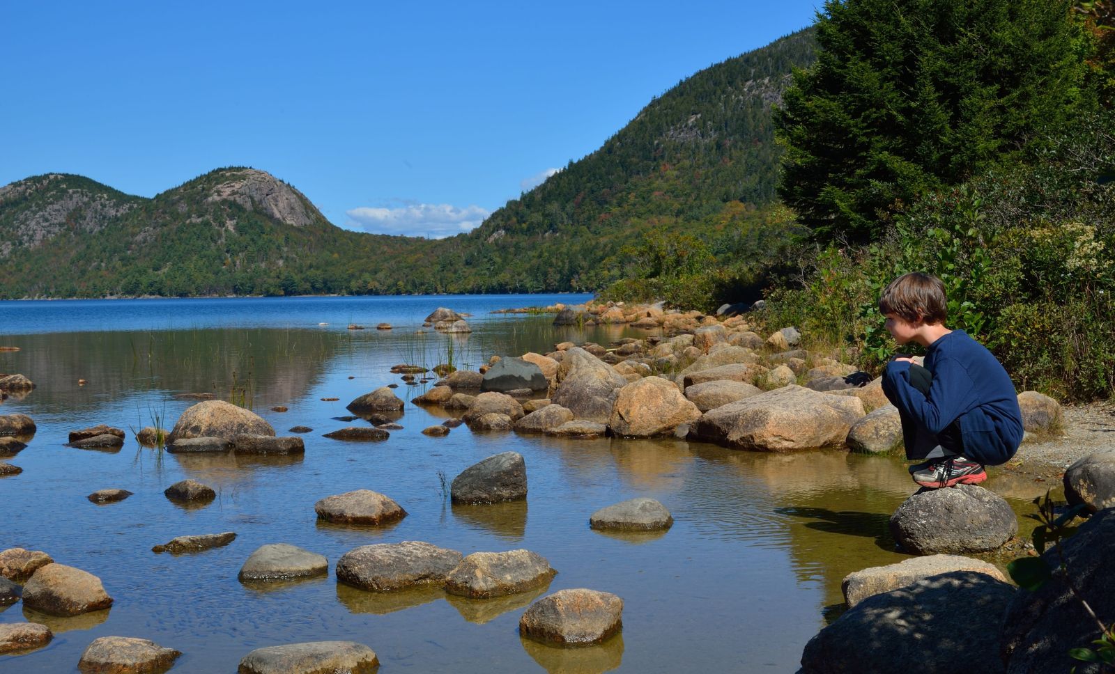Child looking at reflection in a lake in Acadia National Park, Maine, USA