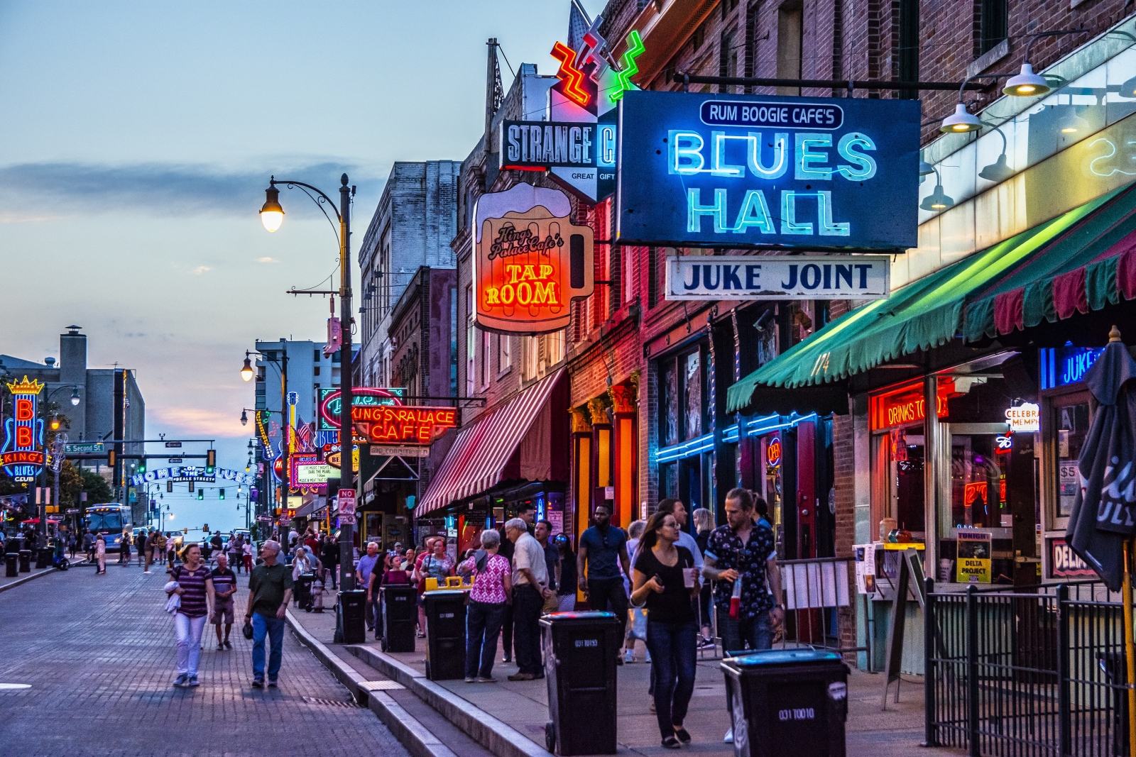 View down Beal Street in Memphis with lit up neon signs