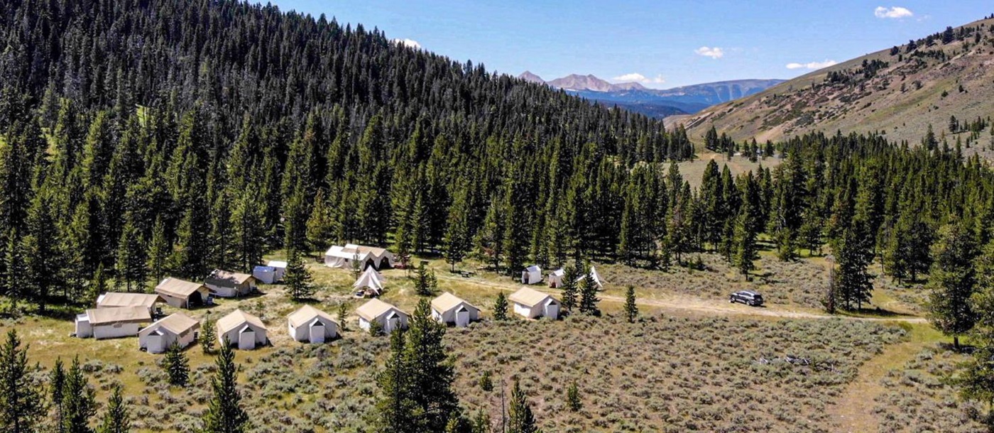 Aerial view of a private campsite in Yellowstone National Park