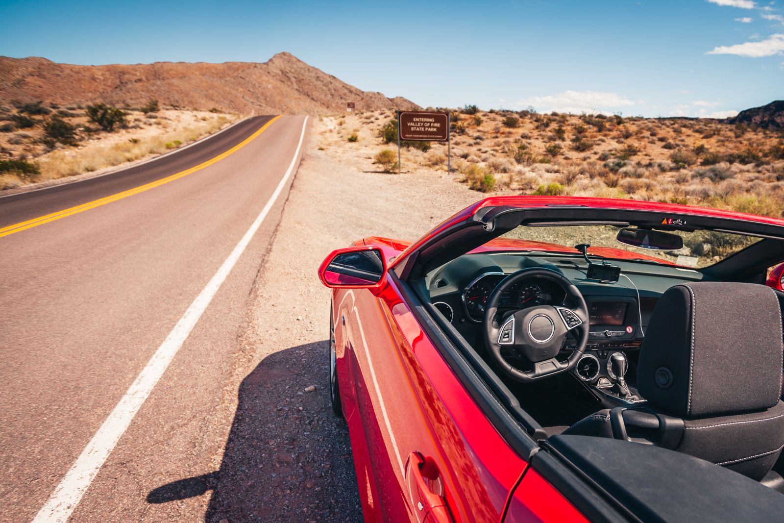 Convertible car on a road trip in the USA