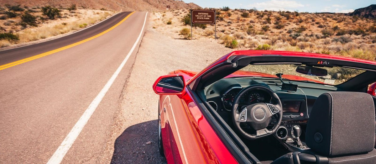 Convertible car on a road trip in the USA