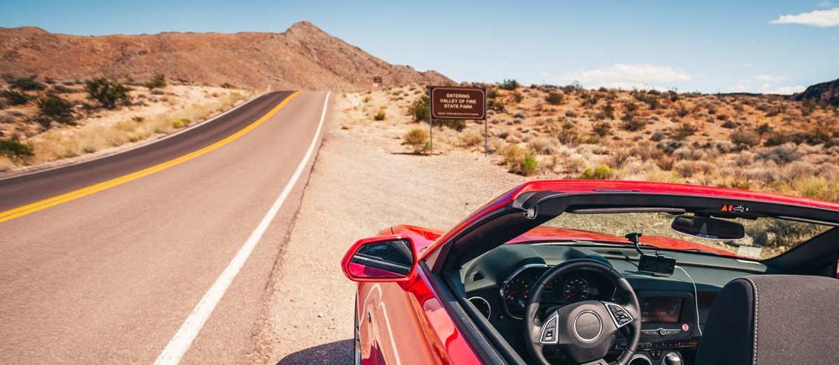 Convertible car on a road trip in the USA