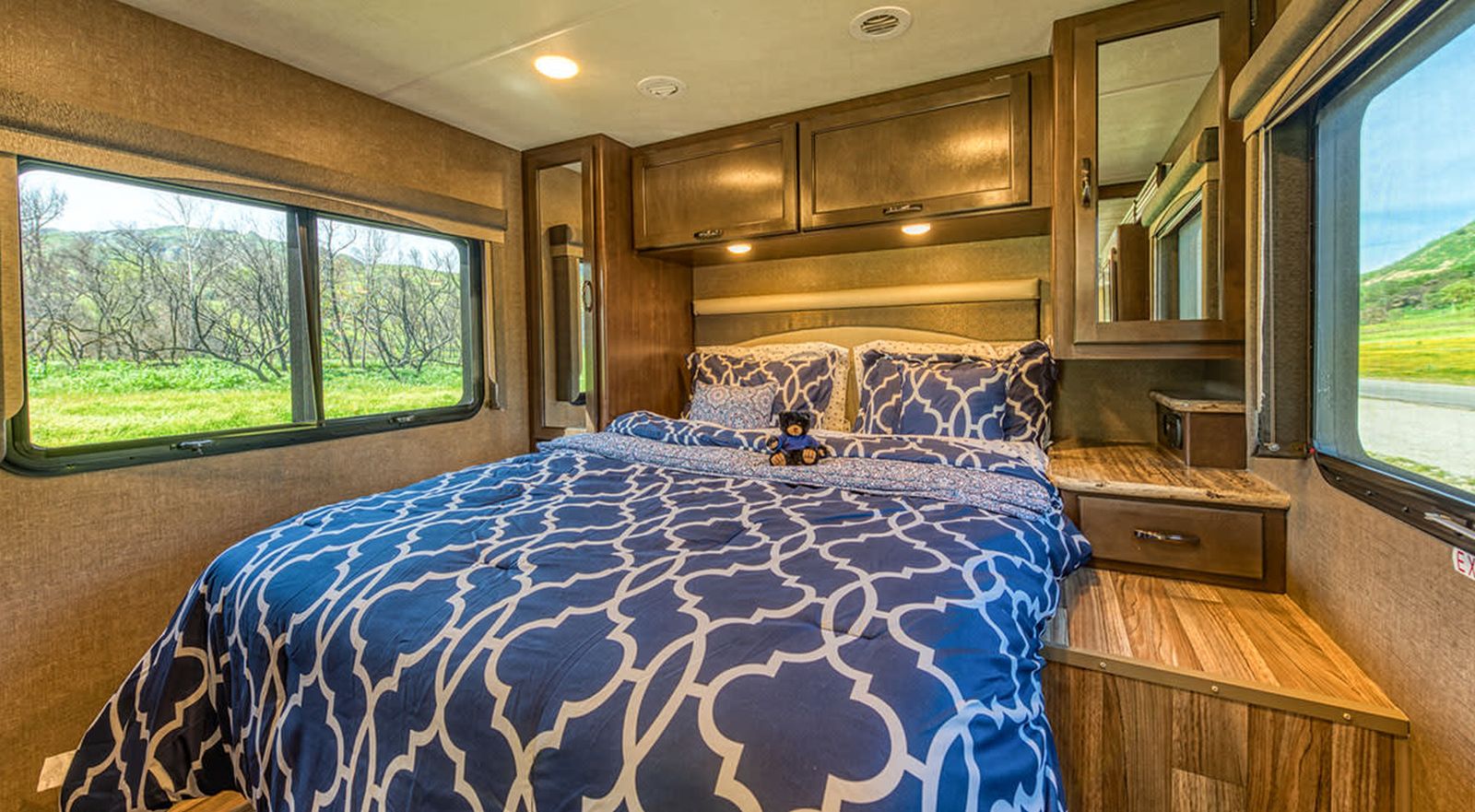 Comfortable double bed in an RV on a USA roadtrip
