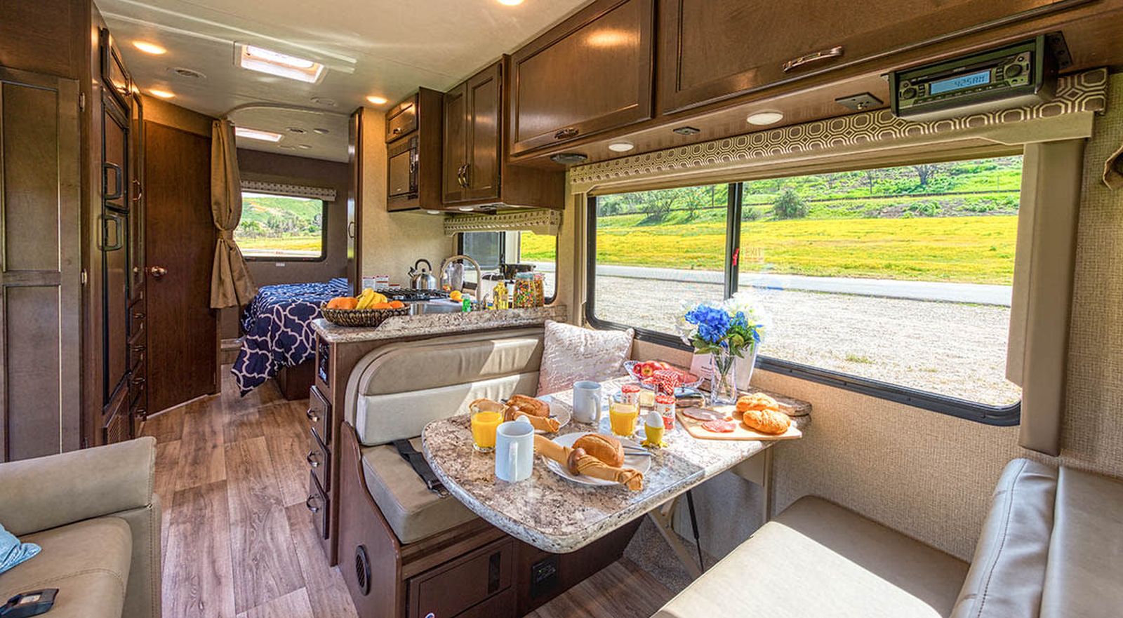 Table set for breakfast in an RV on a USA road trip