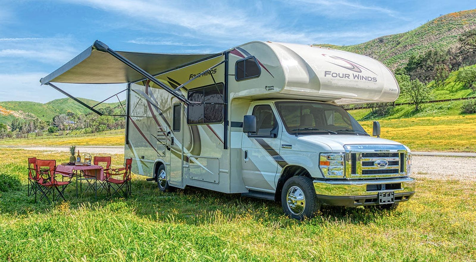RV camper set up for outside picnic on a USA road trip