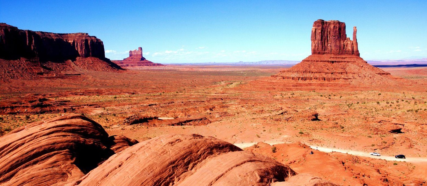 Red rock and distant view of the Monument Valley in Utah
