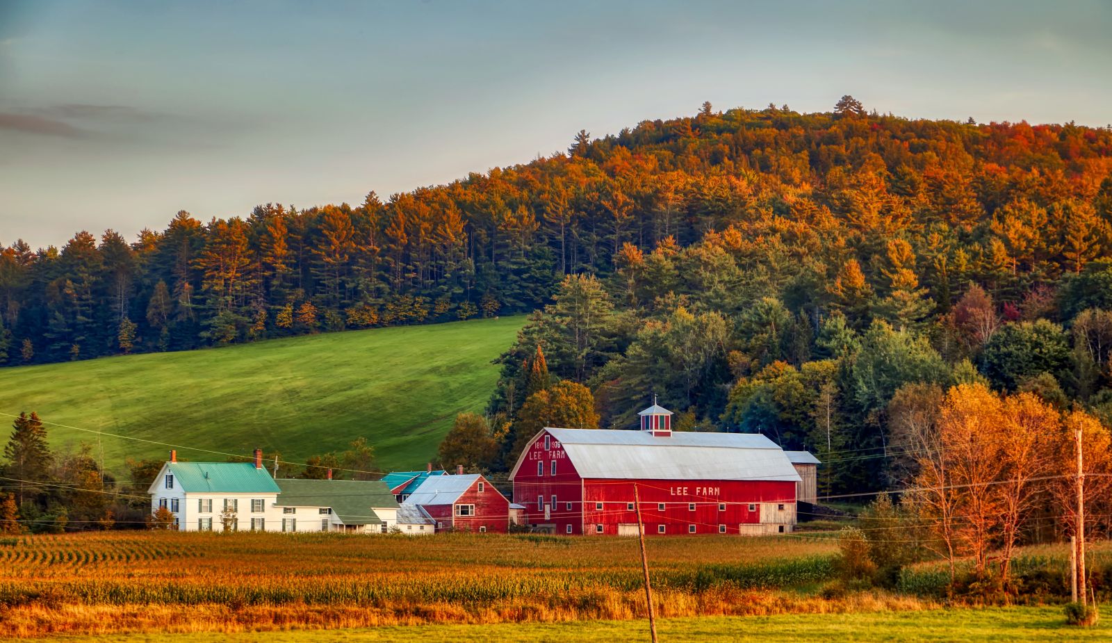 Fall scenery and typical red building in Vermont, USA