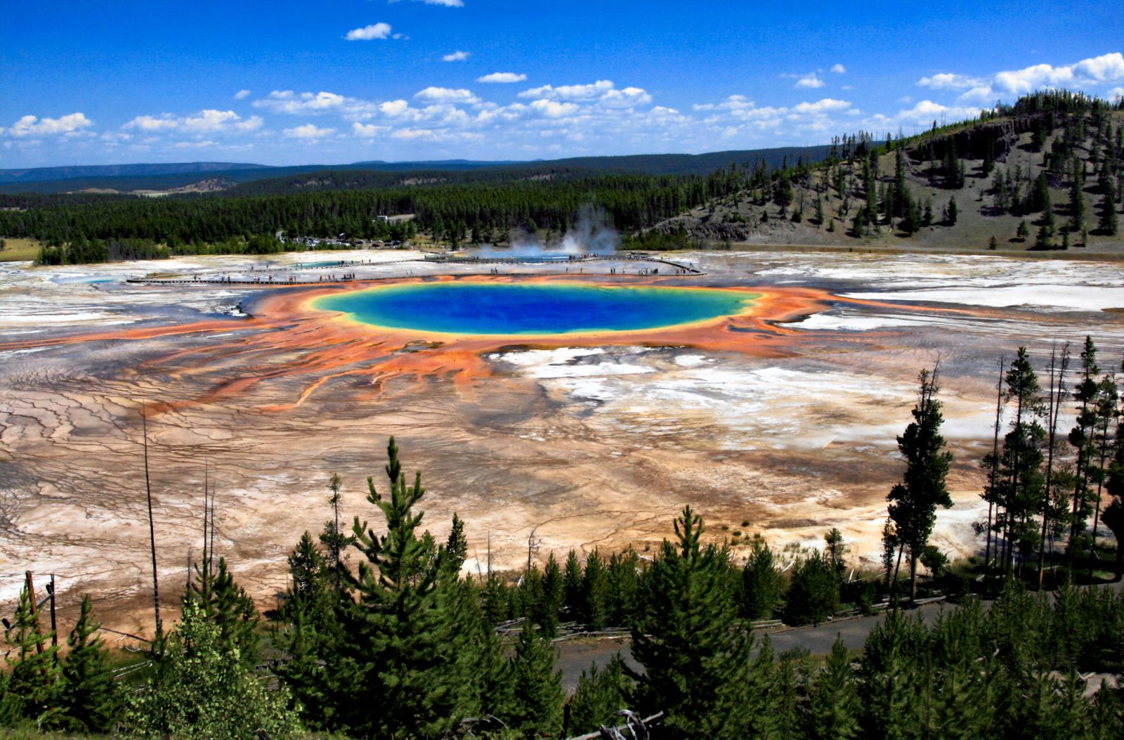 Aerial view of the multi-coloured geyser in Yellowstone National Park