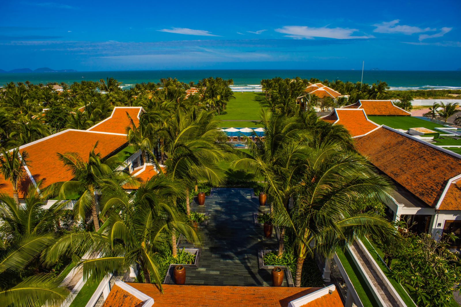 Aerial view of the pool and villas at The Anam resort in Cam Ranh, Vietnam