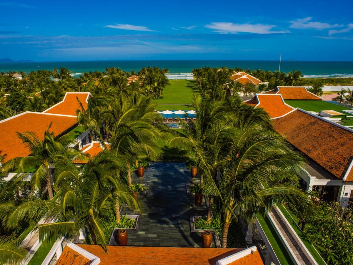 Aerial view of the pool and villas at The Anam resort in Cam Ranh, Vietnam