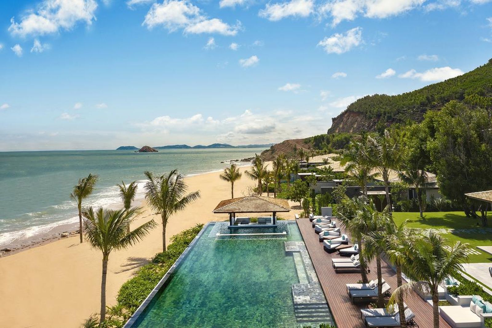 Aerial view of the swimming pool and beach at the Anantara Quy Nhon in Vietnam