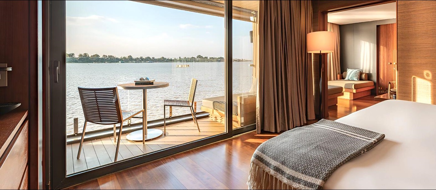 Balcony suite onboard the Aqua Mekong river cruise in Vietnam