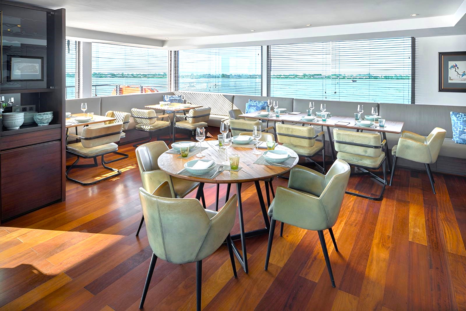 Dining room onboard the Aqua Mekong river cruise in Vietnam