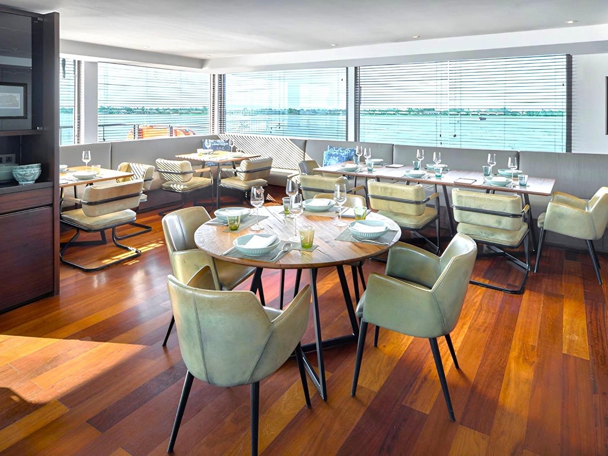 Dining room onboard the Aqua Mekong river cruise in Vietnam