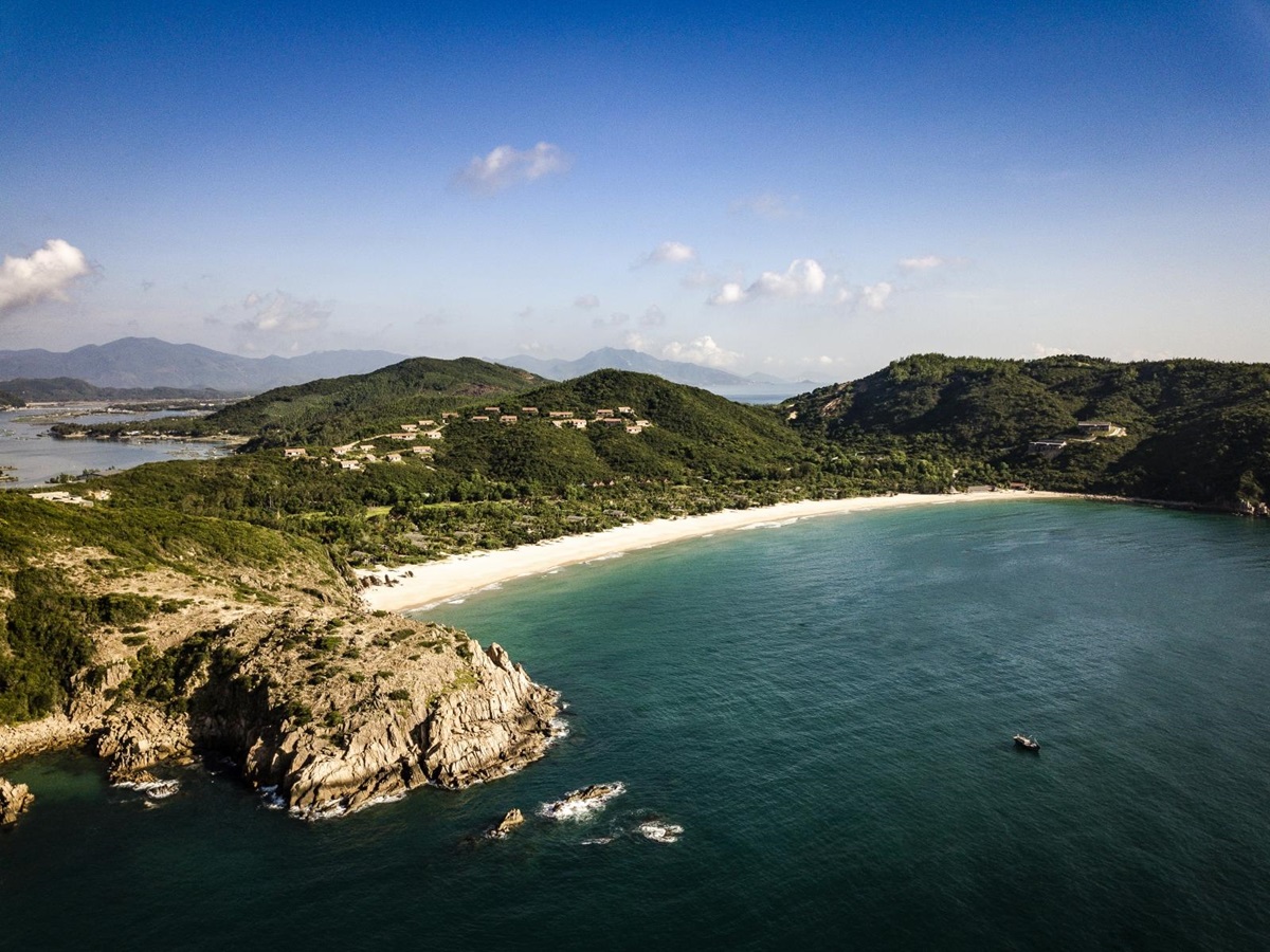 Aerial shot of the bay at luxury resort Zannier Bai San Ho in Vietnam