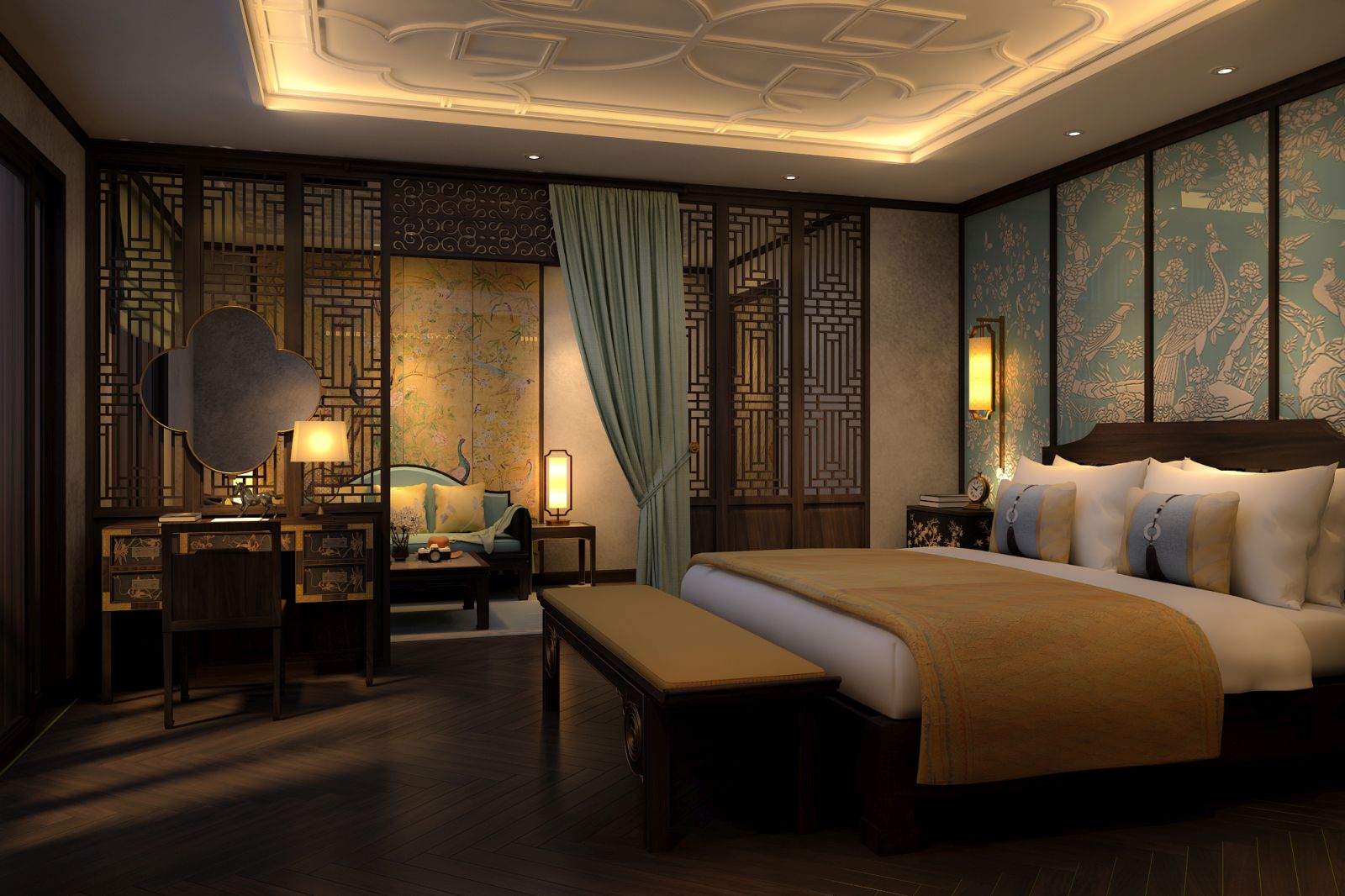 A luxury suite with blue and yellow decor on the Ginger Ship Hotel