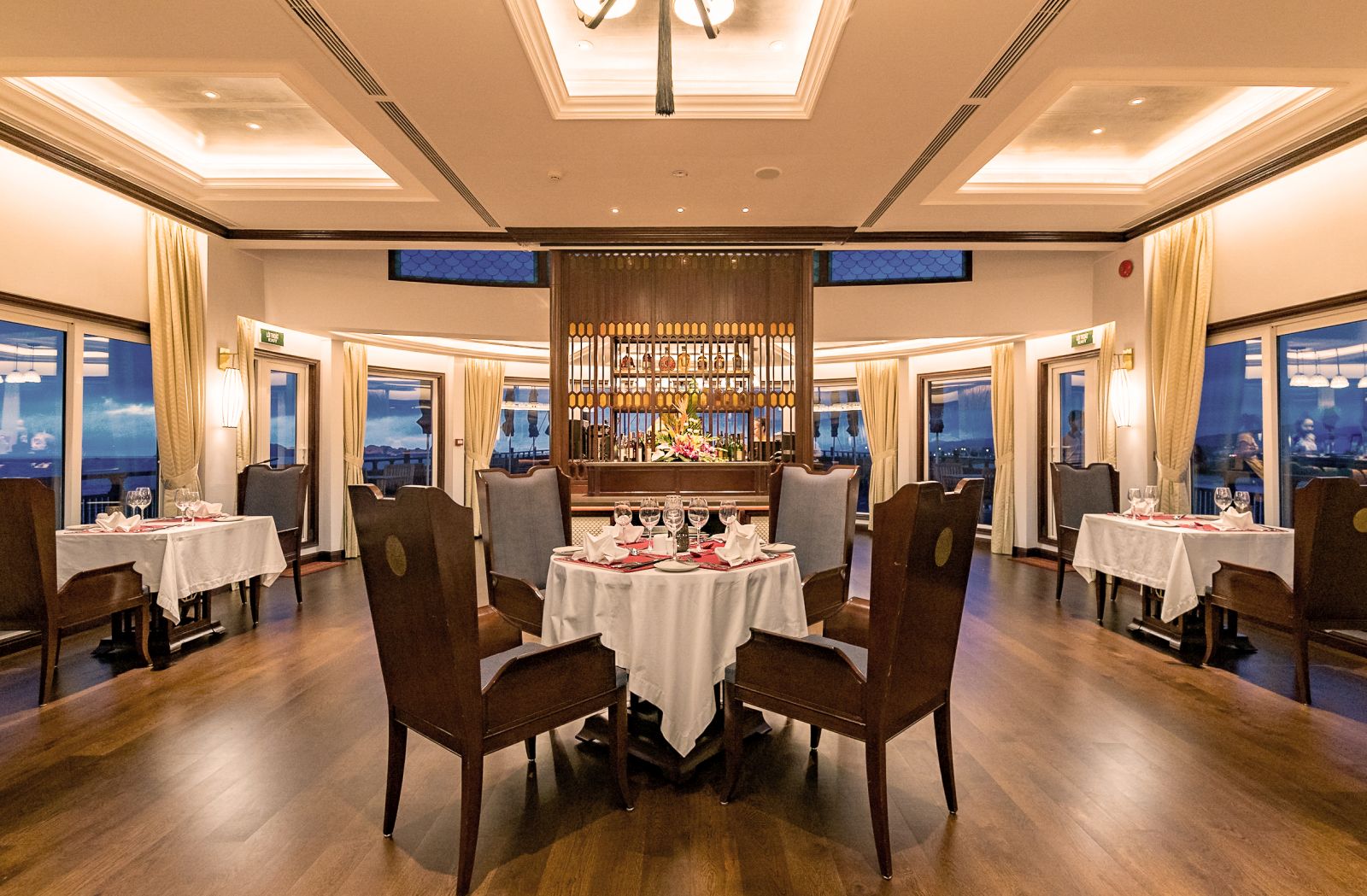 the restaurant on the boutique floating hotel Ginger Ship with views of Lan Ha Bay in the Gulf of Tonkin