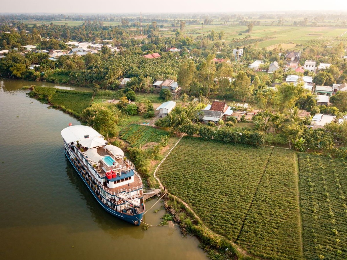 Aerial view of the Jayavarman Mekong River cruise in Vietnam