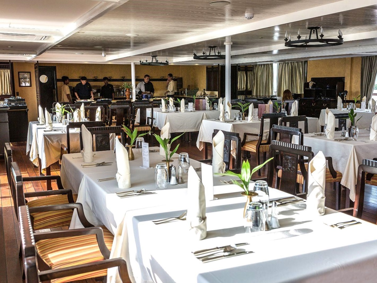 Dining hall onboard the Jayavarman Mekong River cruise in Vietnam