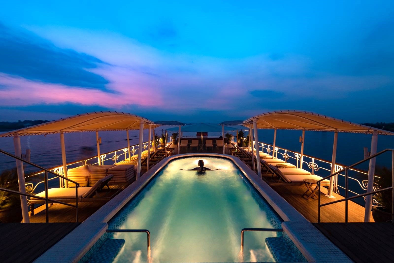 Swimming pool onboard the Jayavarman Mekong River cruise in Vietnam