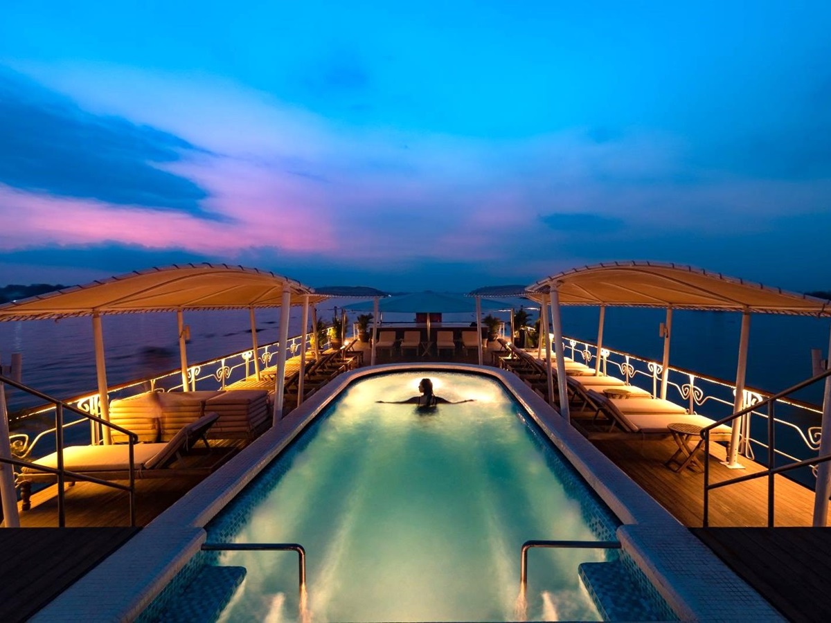 Swimming pool onboard the Jayavarman Mekong River cruise in Vietnam