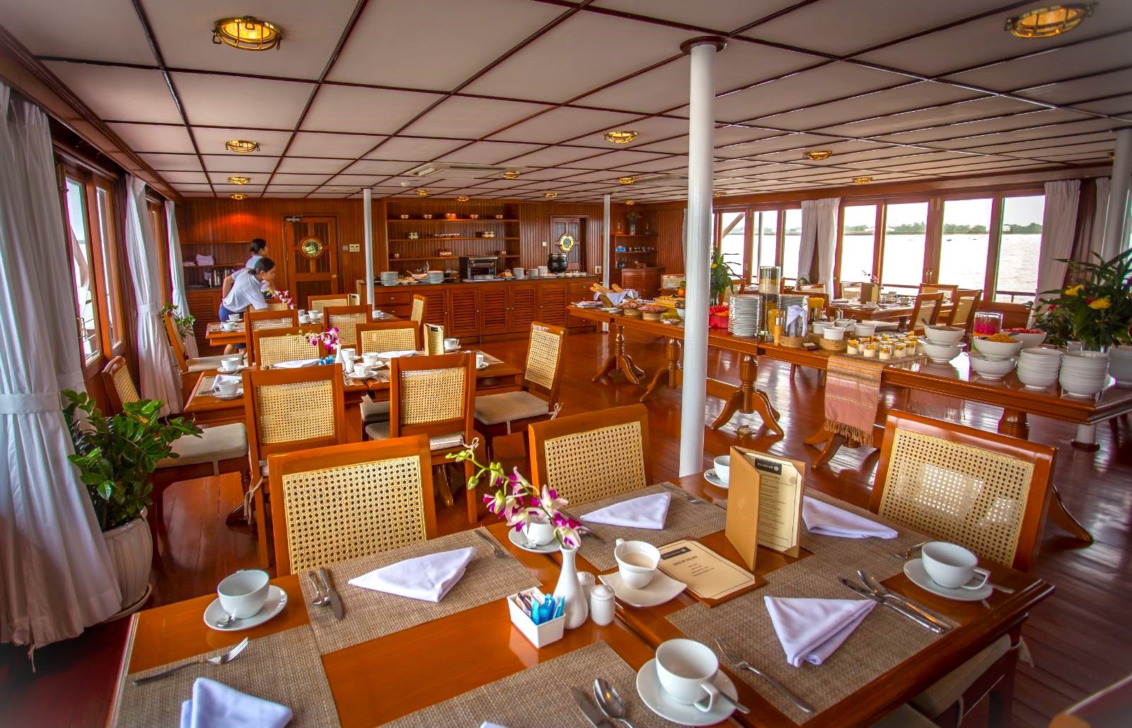 Dining room onboard the RV Mekong Pandaw river cruise in Vietnam