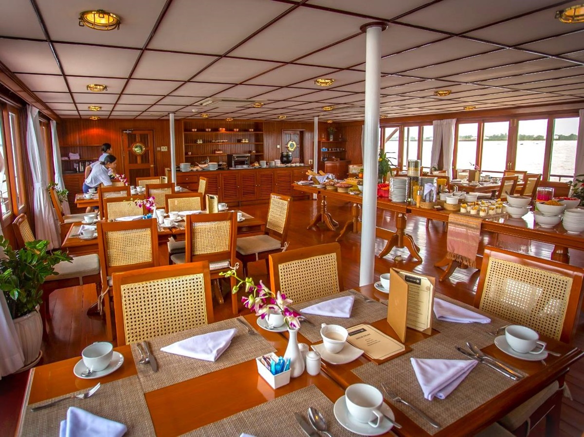 Dining room onboard the RV Mekong Pandaw river cruise in Vietnam