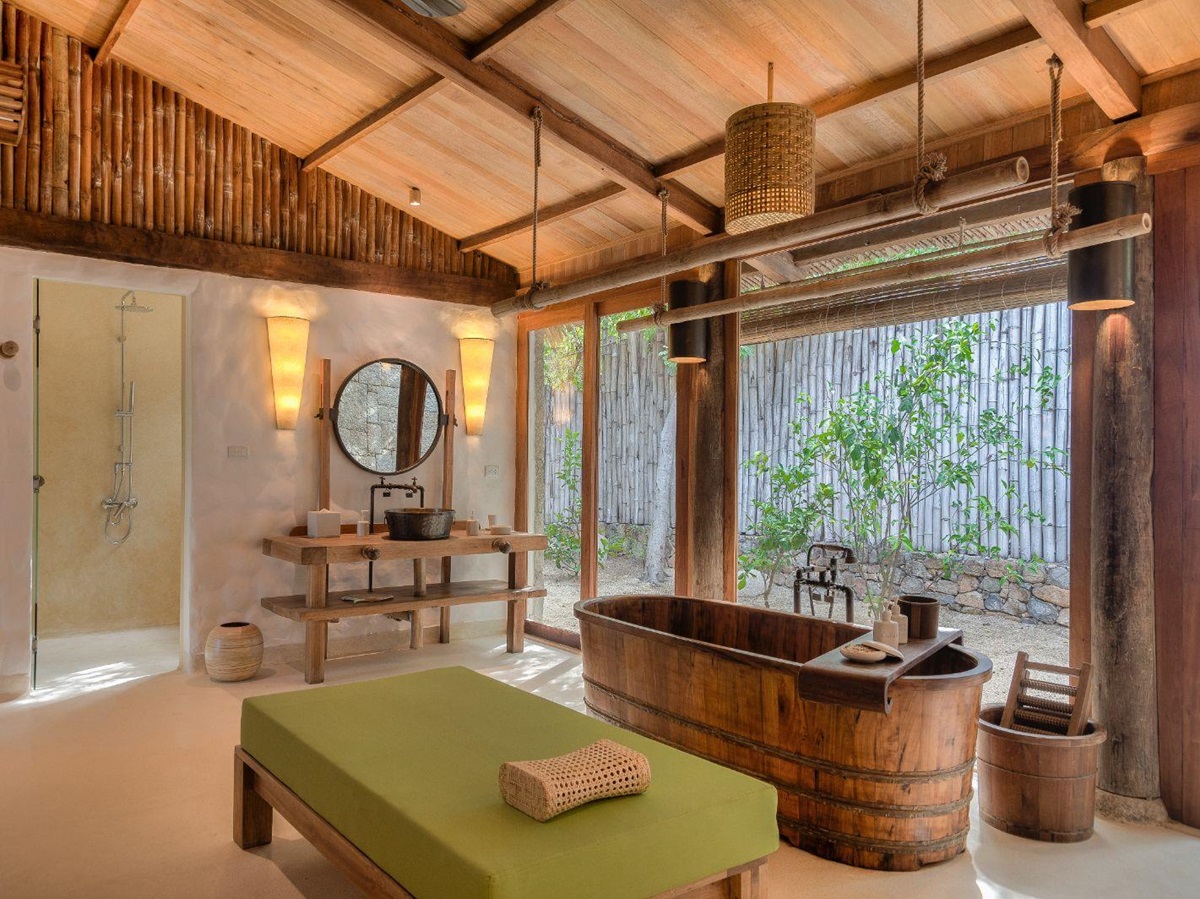 Bathroom with a bathtub in at beachfront pool villa at luxury resort Six Senses Ninh Van Bay