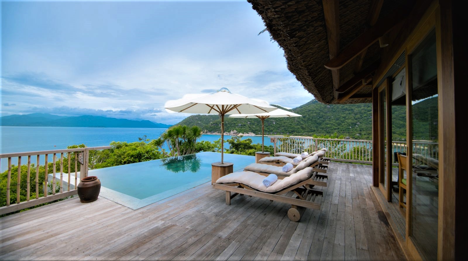 Terrace and pool area of a hilltop pool villa at luxury resort Six Senses Ninh Van Bay