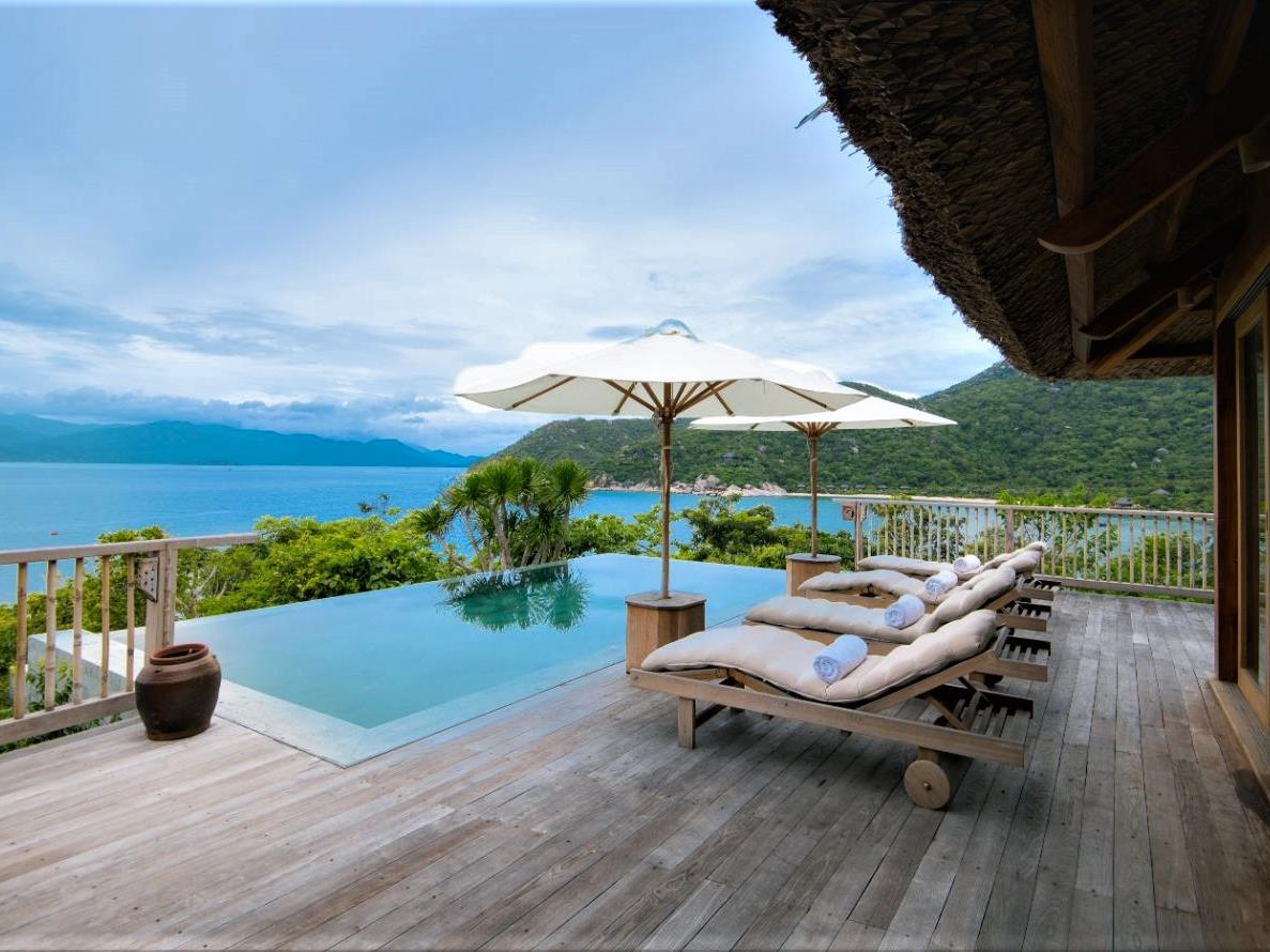 Terrace and pool area of a hilltop pool villa at luxury resort Six Senses Ninh Van Bay