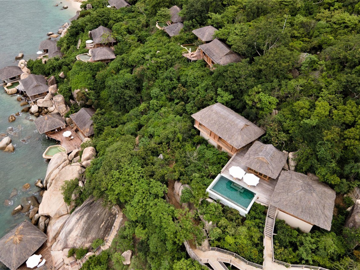 Aerial view of of the hilltop pool villas at luxury resort Six Senses Ninh Van Bay