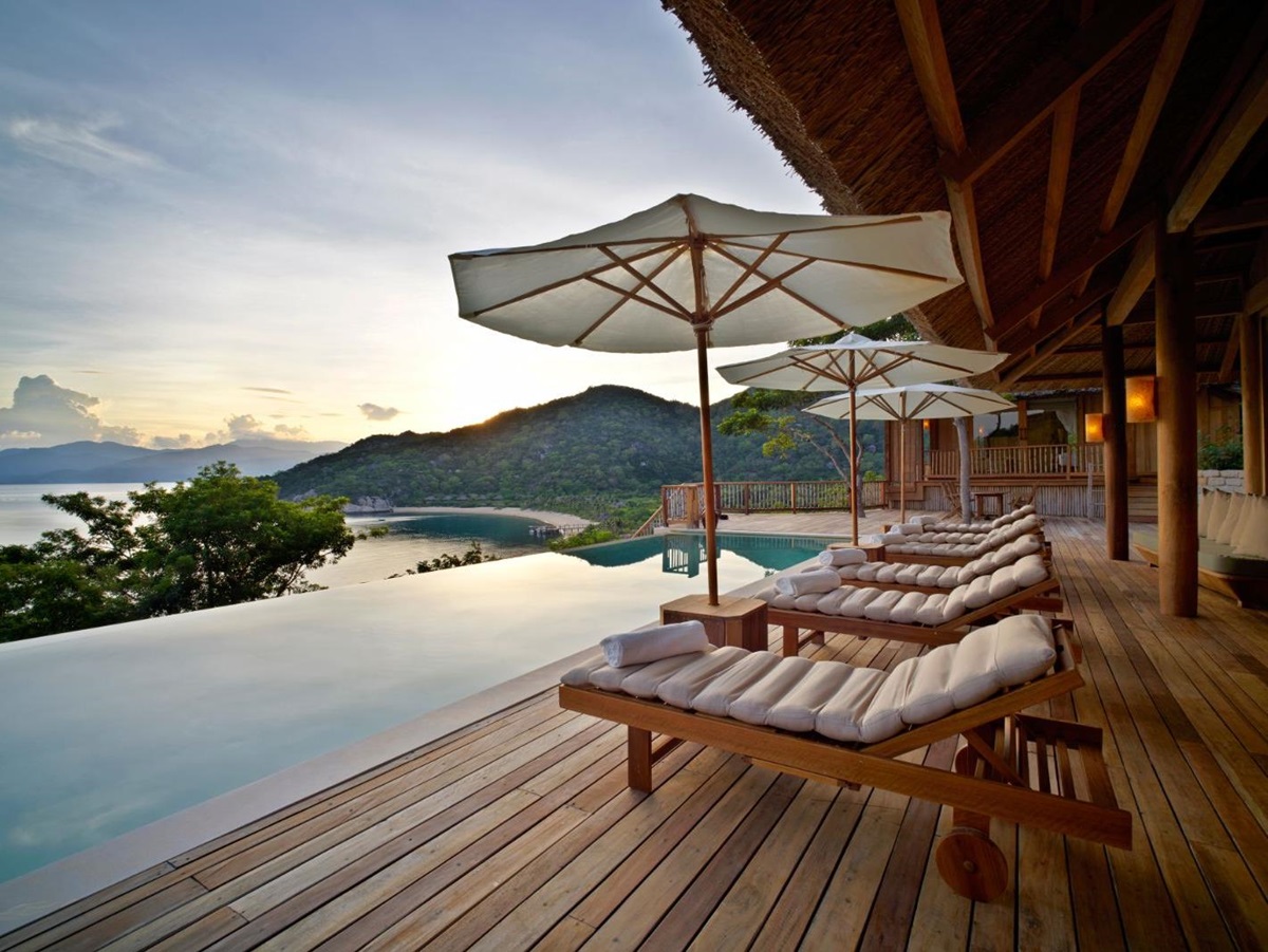 Terrace and pool area of a Hilltop reserve at luxury resort Six Senses Ninh Van Bay