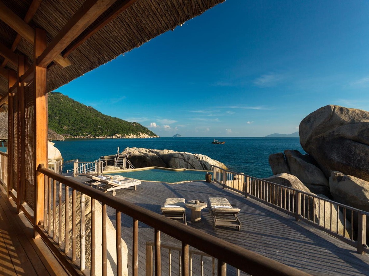 Outdoor terrace area at luxury resort Six Senses Ninh Van Bay