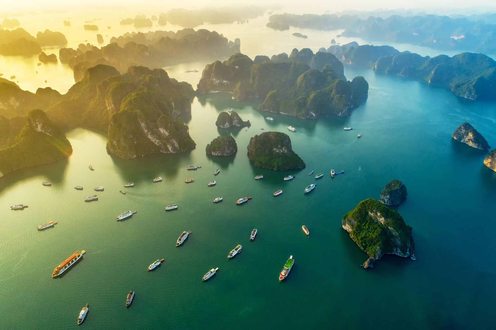 Aerial view of boats and limestone karsts in Halong Bay, Vietnam