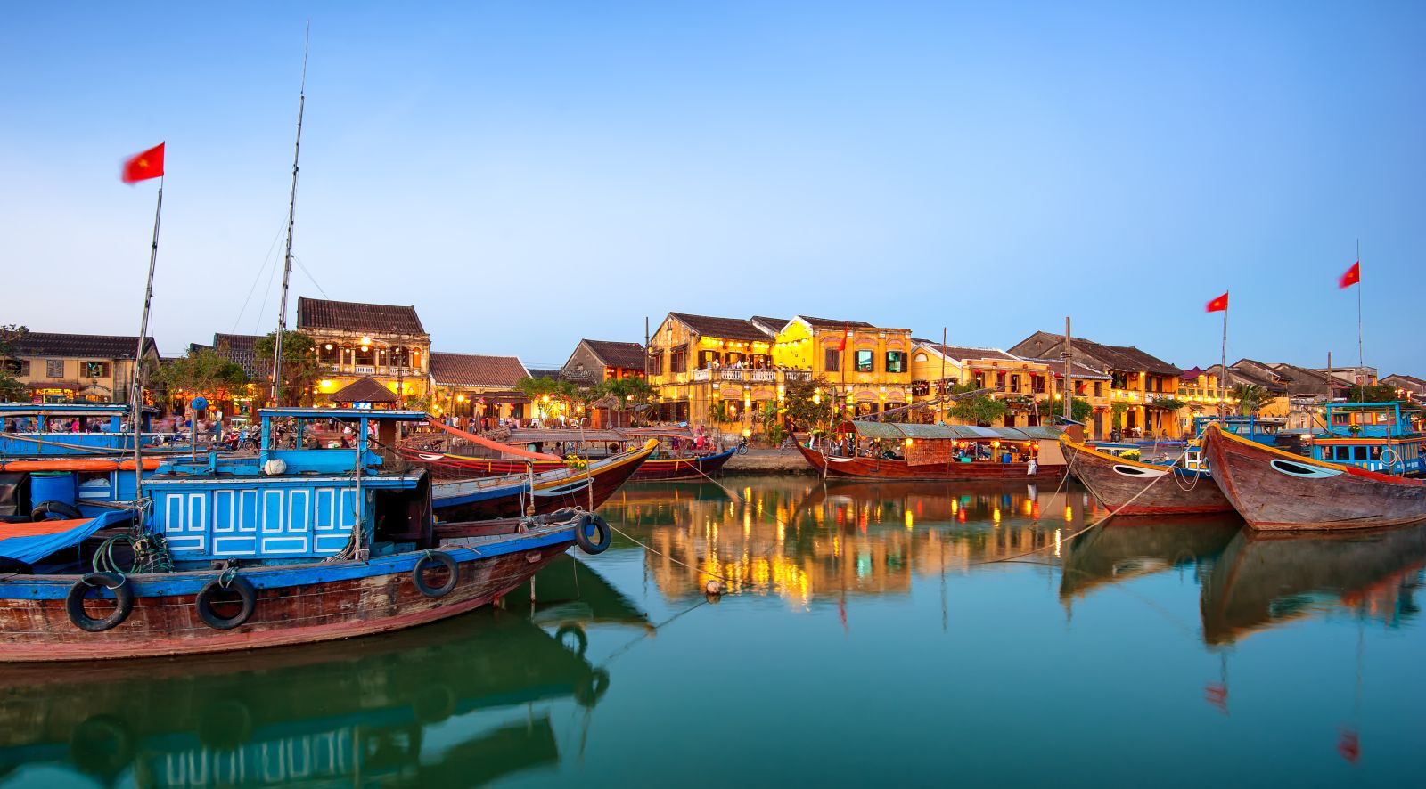 Town and river at dusk in Hoi An, Vietnam