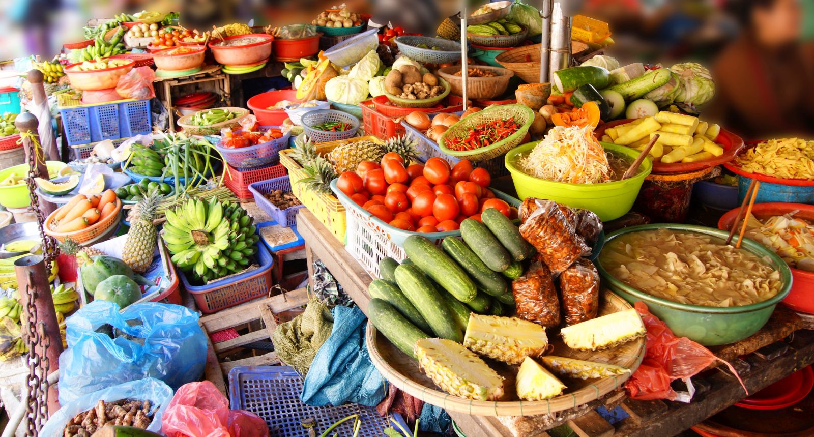 Colourful fruit and vegetable stall at a market in Hoi An in Vietnam