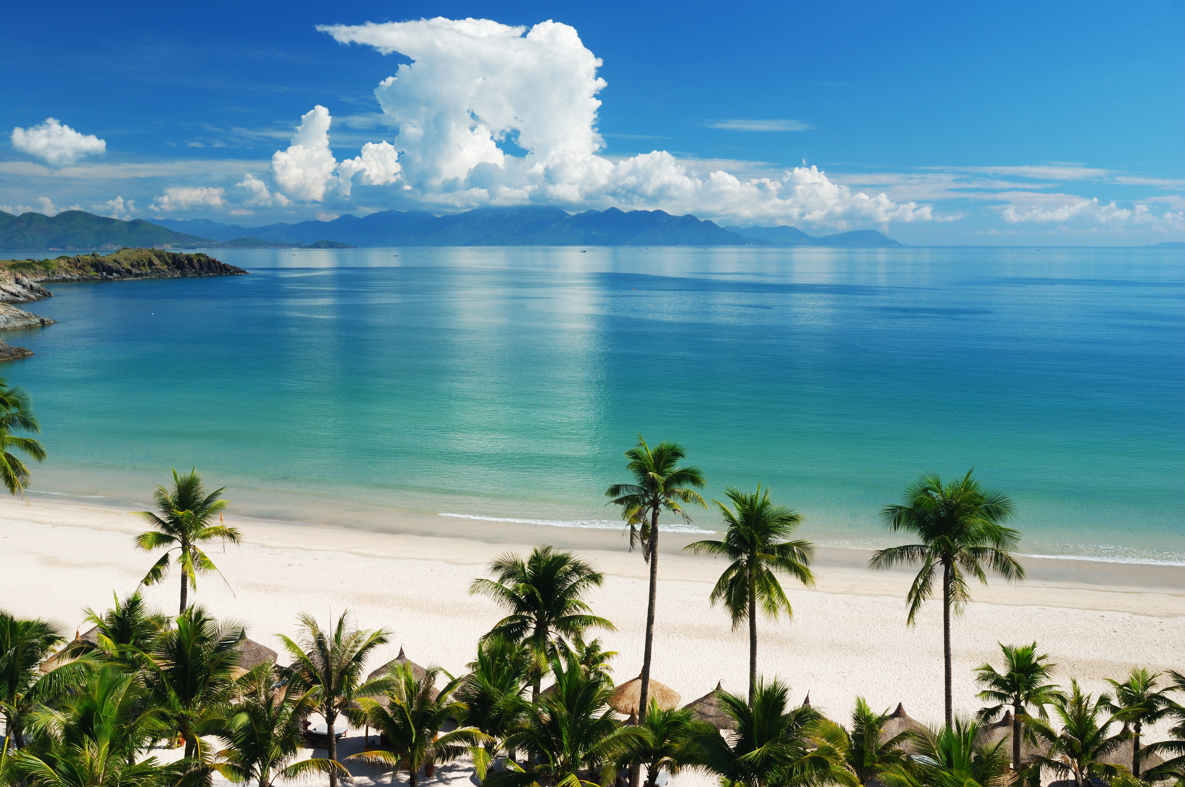 Palm trees and golden sand on Nha Trang Beach in Vietnam