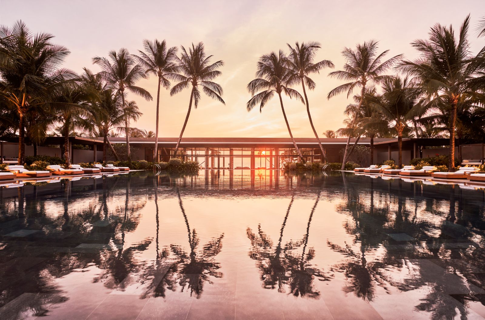 Sunset over Phu Quoc pool in Vietnam